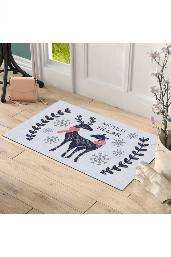 Yılbaşı Mutlu Yıllar Geyik Tasarım Kapı Önü ve Ev İçi Paspas 45x75 cm - 2