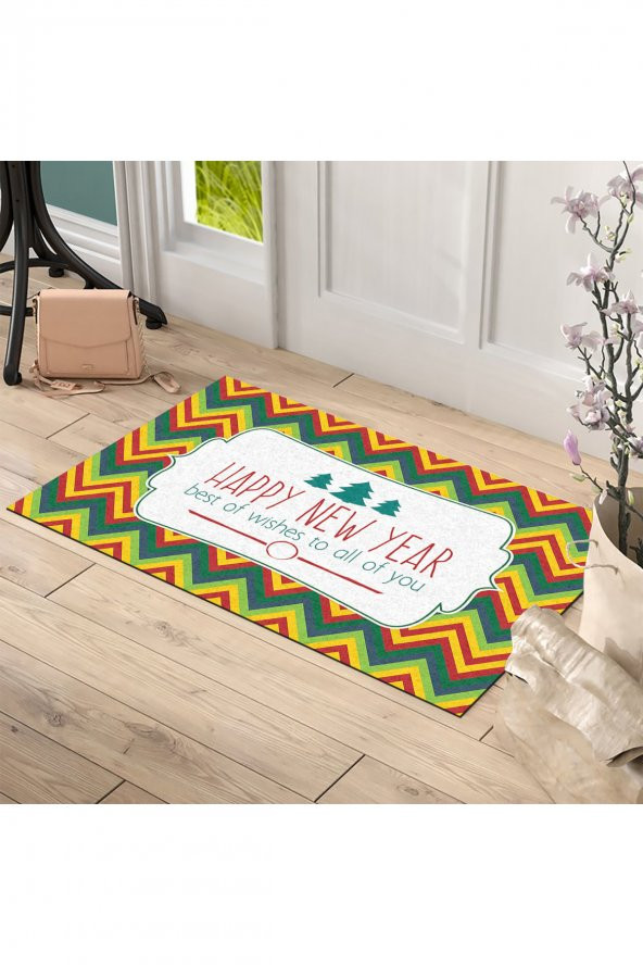 Yılbaşı Happy New Year Zigzag Tasarım Kapı Önü ve Ev İçi Paspas 45x75 cm - 2