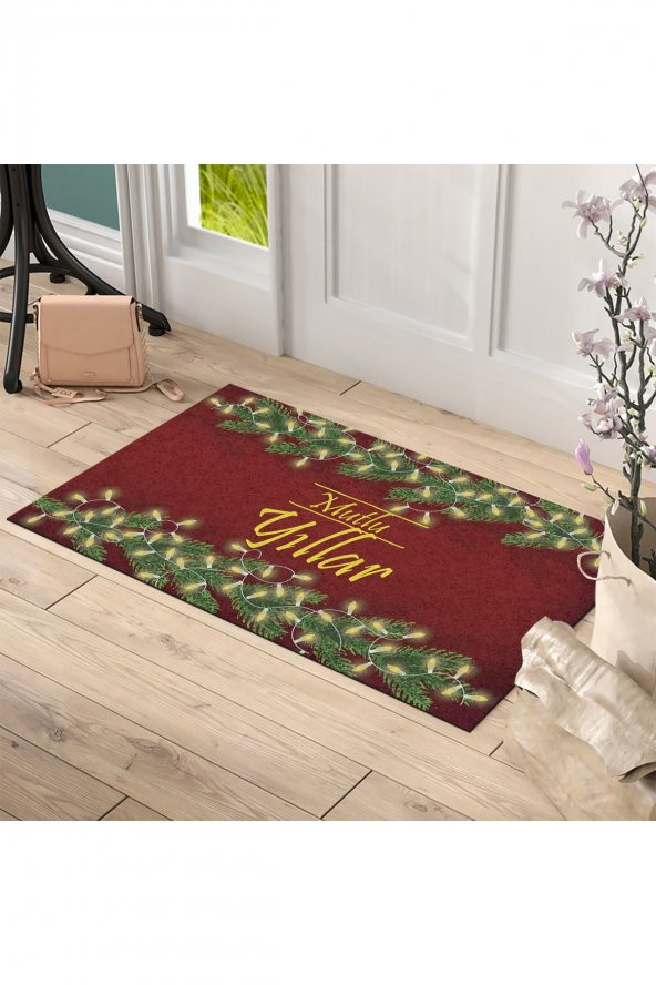 Yılbaşı Merry Christmas Sarmaşık Tasarım Kapı Önü ve Ev İçi Paspas 45x75 cm - 2