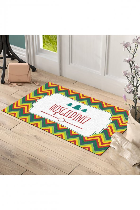 Yılbaşı Happy New Year  Zigzag Tasarım Kapı Önü ve Ev İçi Paspas 45x75 cm - 2