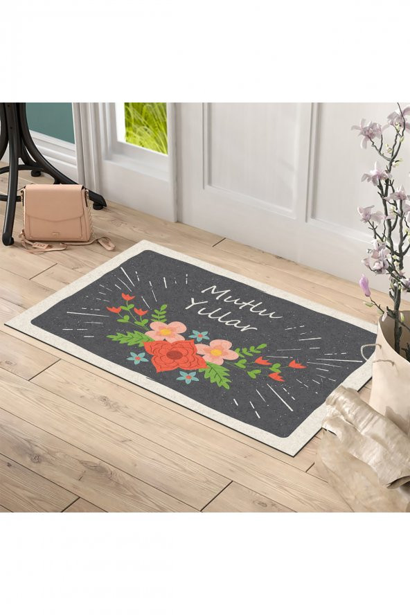 Yılbaşı Merry Christmas Çiçek Tasarım Kapı Önü ve Ev İçi Paspas 45x75 cm - 2