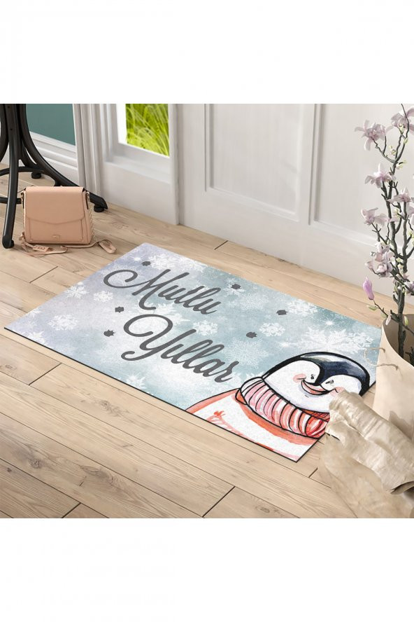 Yılbaşı Mutlu Yıllar Penguen Tasarım Kapı Önü ve Ev İçi Paspas 45x75 cm - 2