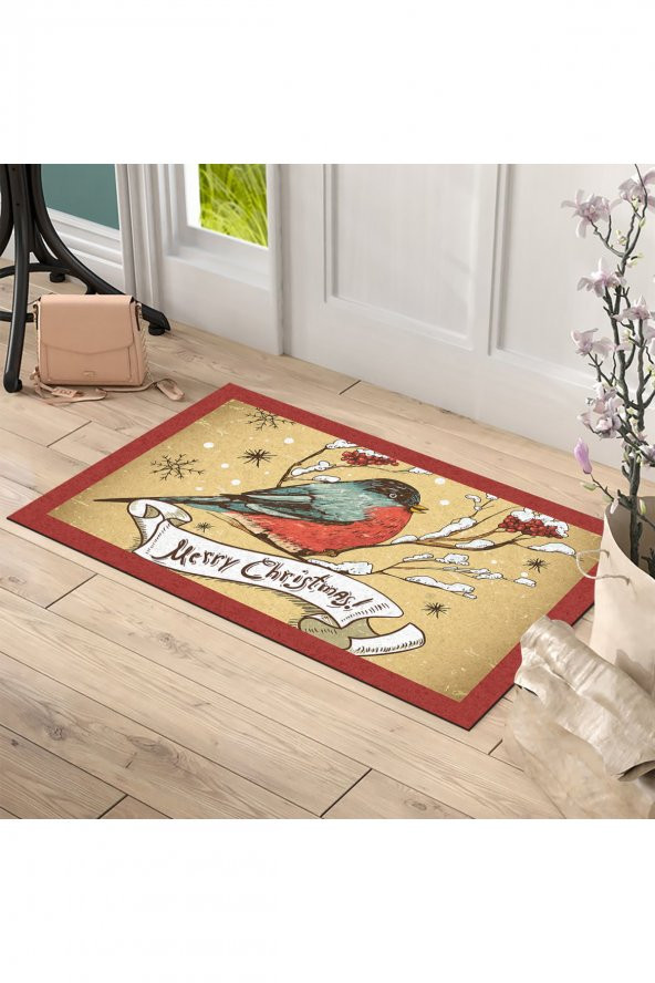 Yılbaşı Mutlu Yıllar Kuş Tasarım Kapı Önü ve Ev İçi Paspas 45x75 cm - 2