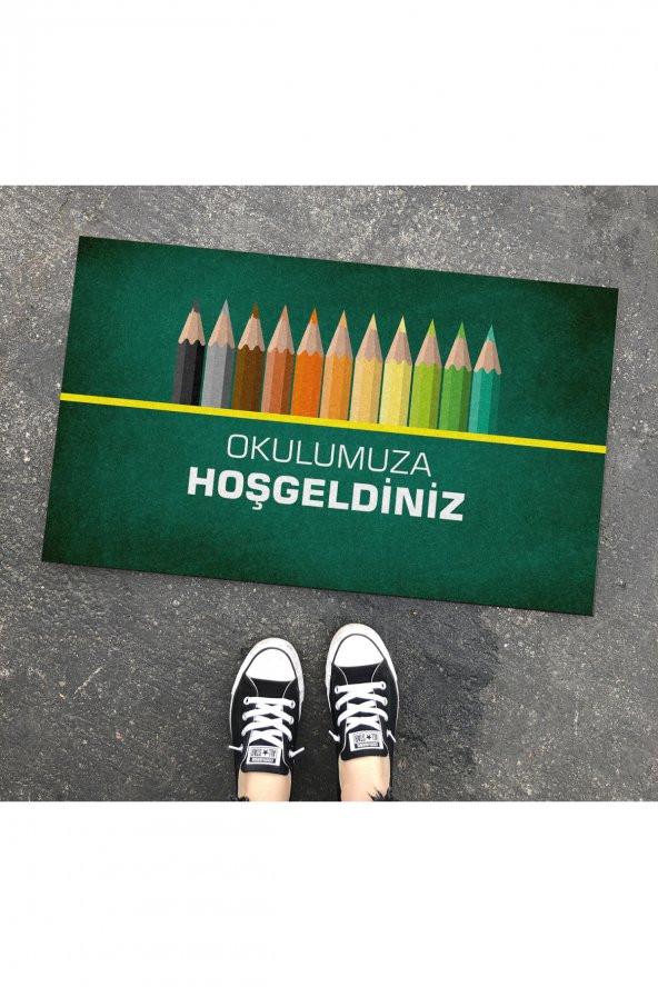 Okulumuza Hoşgeldiniz Tasarım Kapı Önü ve Ev İçi Paspas 45x75 cm