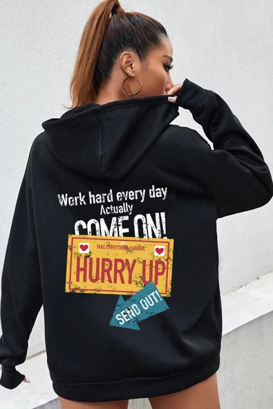 Unisex Oversize Hurry Up Baskılı Sweatshirt