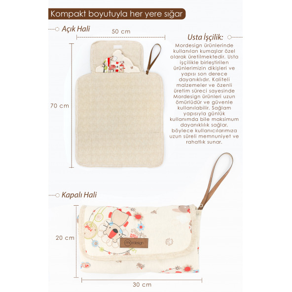 Mordesign Bebek Çanta Alt Açma Minderi, Alt Değiştirme Pedi, Taşınabilir Bakım Çantası, Animal Seri - 2