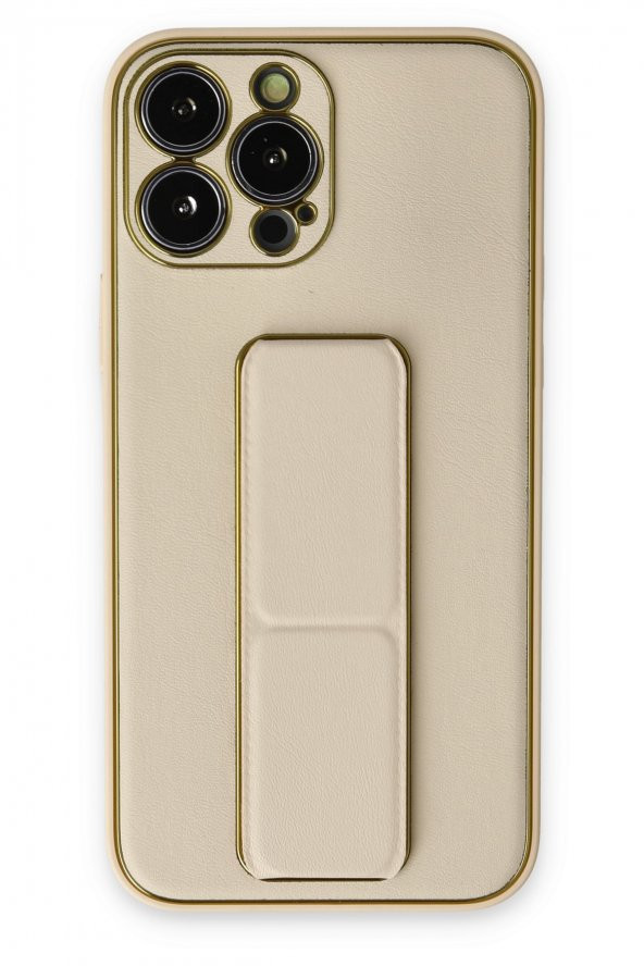 NewFace iPhone 14 Pro Max Kılıf Coco Deri Standlı Kapak - Gold