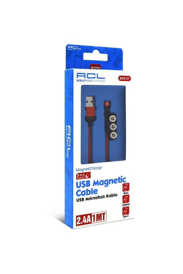 ACL  2.4 Amper 3in1 Magnetik  Micro-Type-C-Lightning 1 Metre Kablo