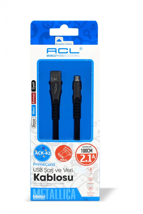 ACL  2.1 Amper Yassı Hasır - Micro Kablolu - 1 Metre Hızlı Şarj Kablosu