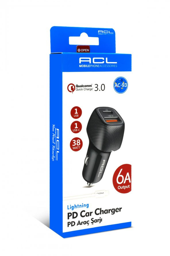 ACL AC-93 Q.C 3.0 6 Amper Araç İçi Çakmaklık Lightning Kablolu Şarj USB - Type-C