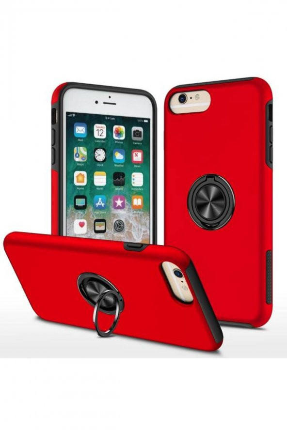 NewFace Apple Iphone 6 Plus Kılıf Elit Yüzüklü Kapak - Kırmızı