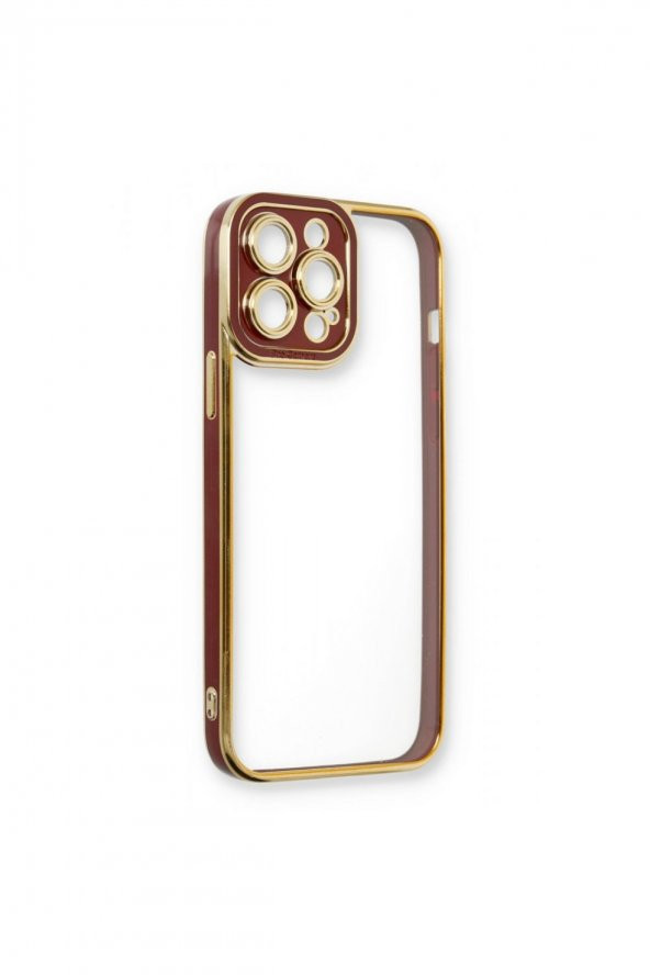 NewFace Iphone 13 Pro Baskısız Bordo Kenar Gold Detaylı Premium Telefon Kılıfı