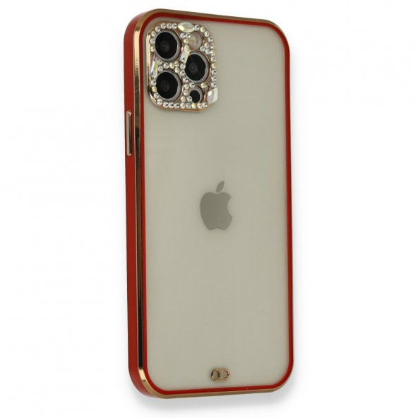 NewFace Apple Iphone 13 Pro Kılıf Kamera Korumalı Lens Elmas Taşlı Kırmızı Kenar Parlak Silikon Liva Kapak