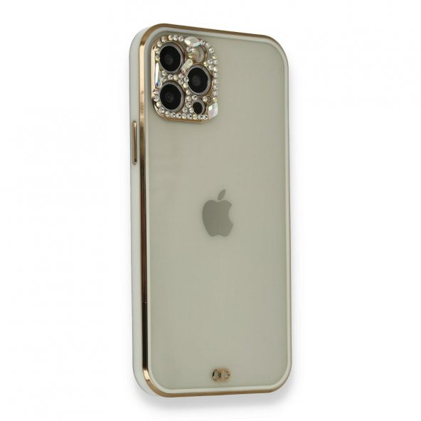 NewFace Apple Iphone 12 Pro Kılıf Kamera Korumalı Lens Elmas Taşlı Beyaz Kenar Lüx Parlak Silikon Liva Kapak