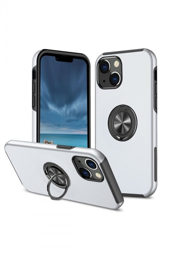 NewFace Apple Iphone 13 Mini Kılıf Elit Yüzüklü Kapak - Gümüş