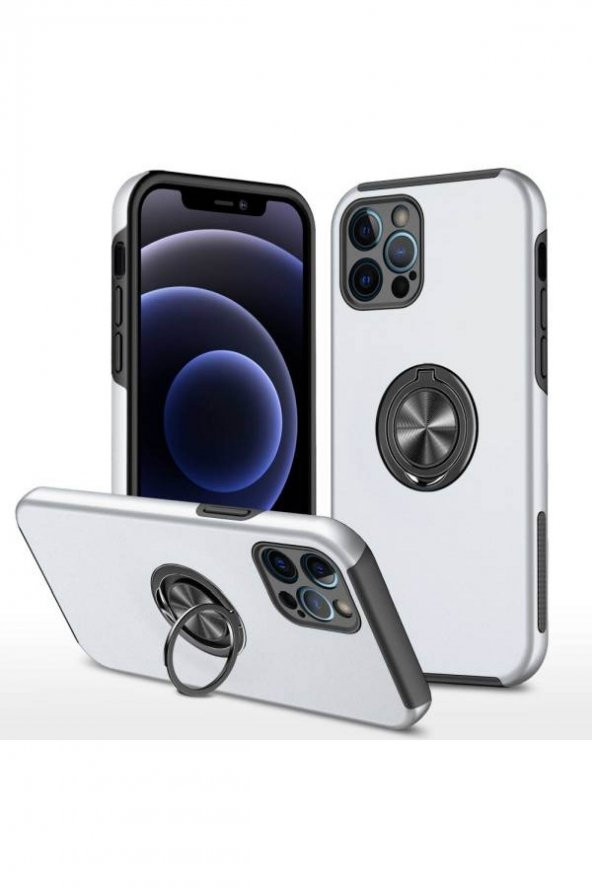 NewFace Apple Iphone 12 Pro Kılıf Elit Yüzüklü Kapak - Gümüş