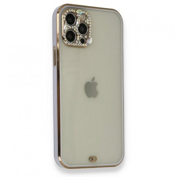 NewFace Apple Iphone 12 Pro Max Kılıf Kamera Korumalı Lens Elmas Taşlı Mor Lüx Parlak Silikon Liva Kapak