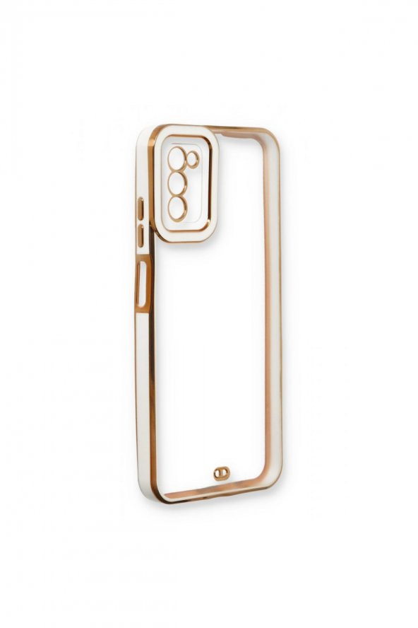 NewFace Galaxy A02s Baskısız Beyaz Kenar Gold Detaylı Premium Telefon Kılıfı