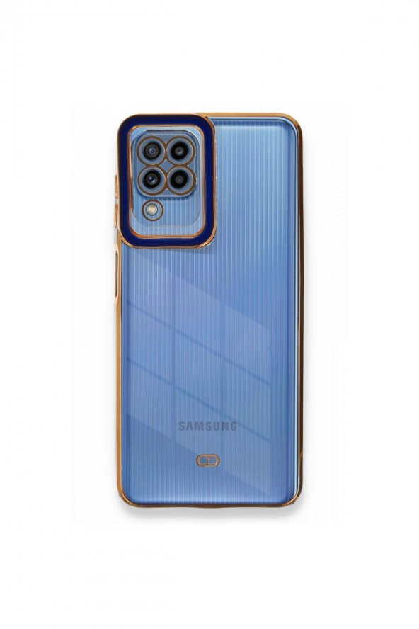 NewFace Galaxy M22 Baskısız Mavi Kenar Gold Detaylı Premium Telefon Kılıfı