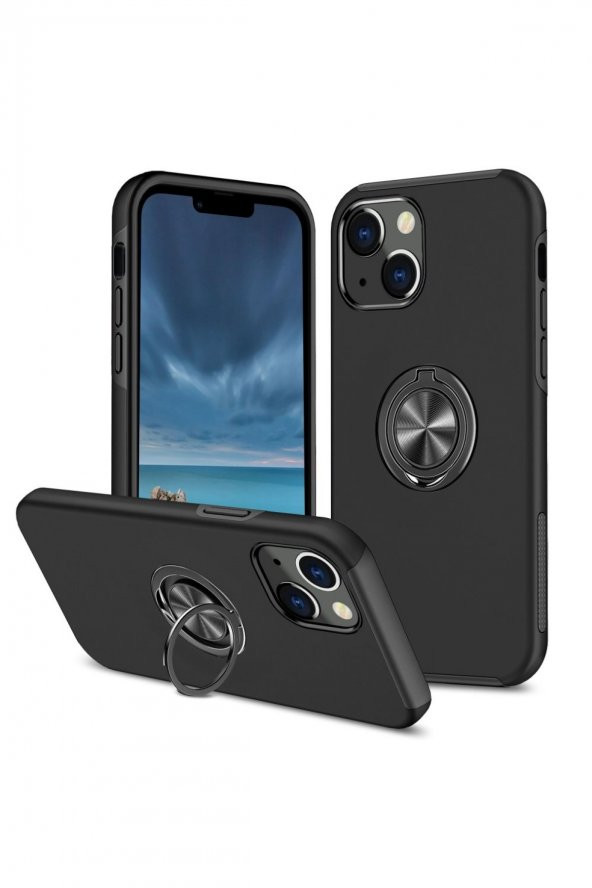 NewFace Apple Iphone 13 Mini Kılıf Elit Yüzüklü Kapak - Siyah