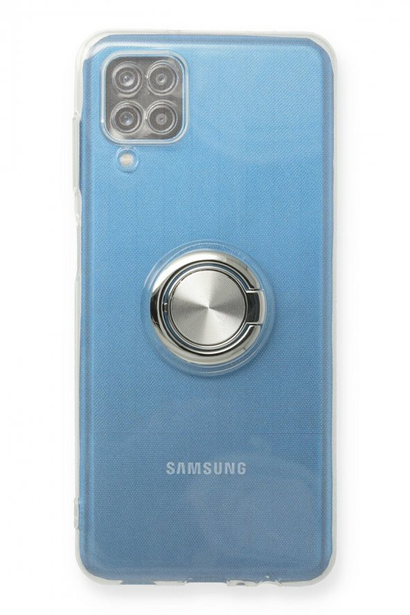 NewFace Samsung Galaxy A12 Kılıf Şeffaf Renkli Standlı Mıknatıslı Kapak Gümüş