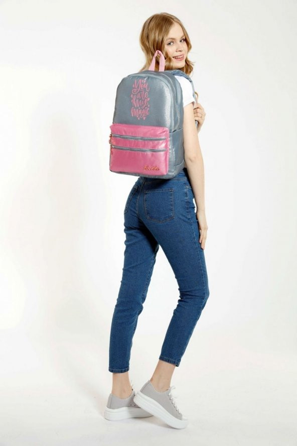 Kaukko Sparkle Duble Gri Okul Sırt Çantası - Simli Kumaş - Resim 3