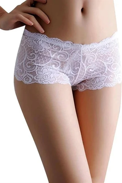 ASM1165 Kadın Beyaz Dantel Bel Lastikli  Boxer