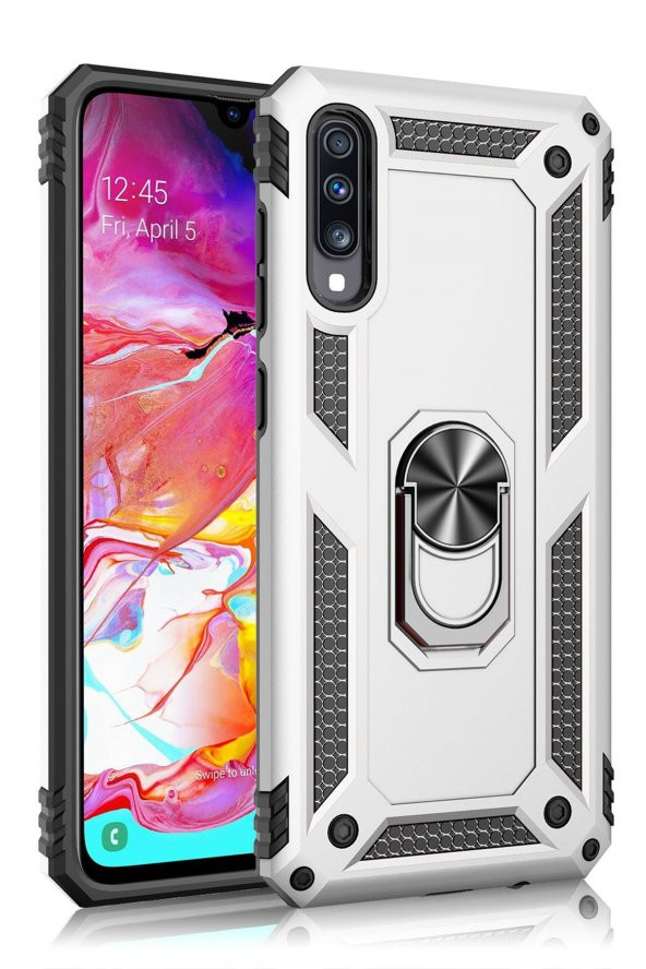 NewFace Samsung Galaxy A70 Kılıf Vega Tank Zırh Yüzüklü Mıknatıslı Standlı Kapak Gümüş