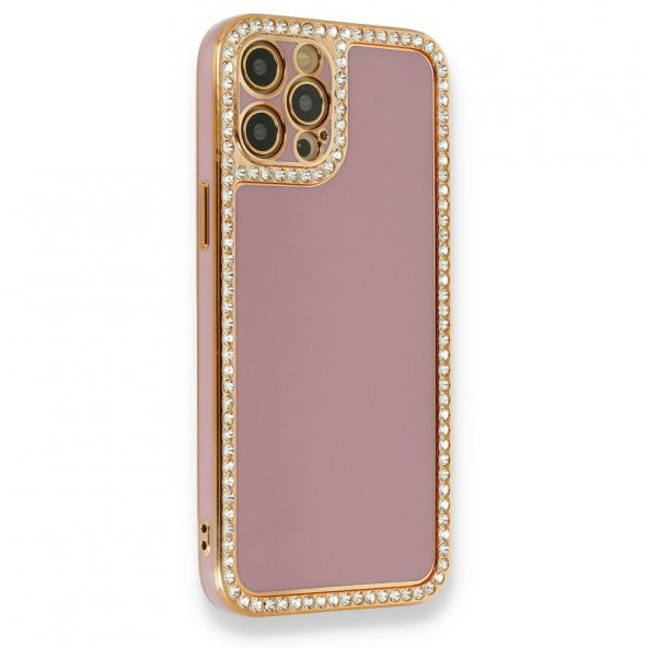 NewFace Apple Iphone 12 Pro Max Uyumlu Kılıf Mor Renk Taşlı Silikon Kapak