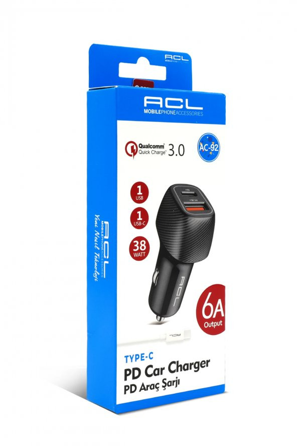 ACL AC-92 Q.C 3.0 6 Amper Araç İçi Çakmaklık Type-C Kablolu Şarj USB - Type-C