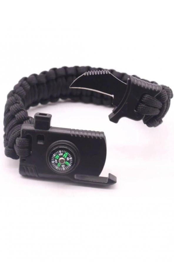 Bıçaklı Düdüklü Pusulalı Paracord Bileklik Siyah - Resim 2