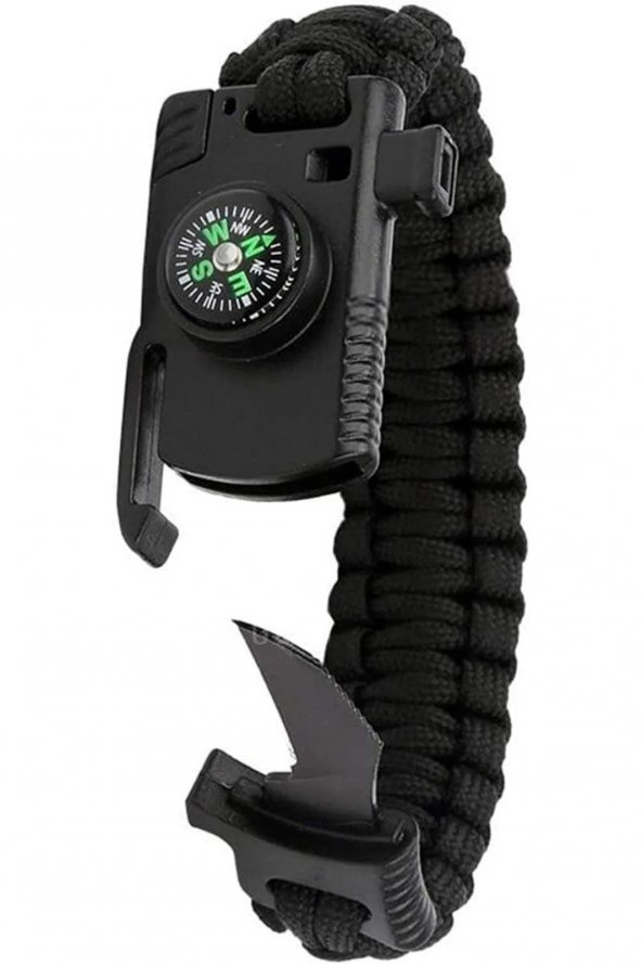 Bıçaklı Düdüklü Pusulalı Paracord Bileklik Siyah - Resim 3