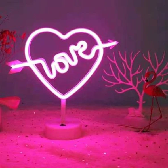 nefertiya Kalpli Love Yazılı Dekoratif Neon Pilli Led Masa ve Gece Lambası