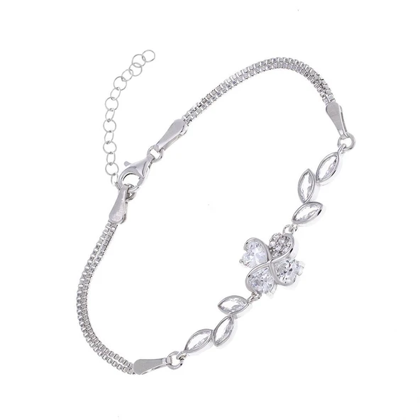 Kalp Yonca Sarmaşık Model Zirkon Taşlı 925 Ayar Gümüş Kadın Bileklik ürün görseli 1