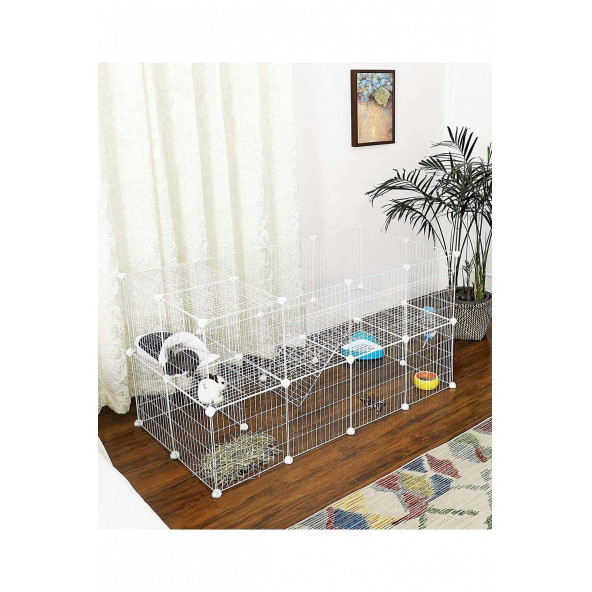 Hodbehod  36 Panel Beyaz Renk Evcil Küçük Hayvan Kedi Köpek Kuş Evi Kafesi Oyun Parkı Portatif Metal Tel