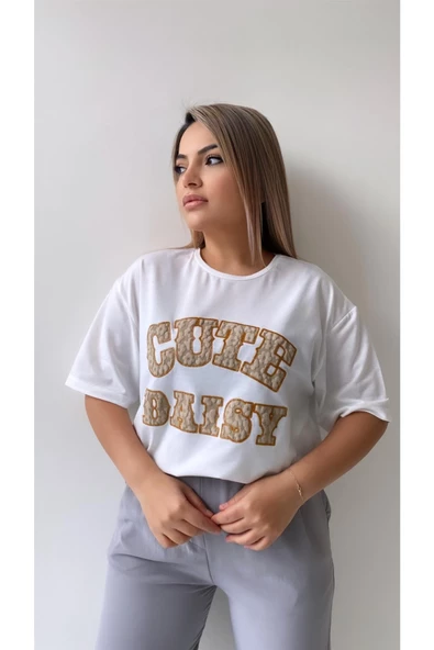 Kabartmalı Cute Daisy Tişört Ekru Kahverengi - 5