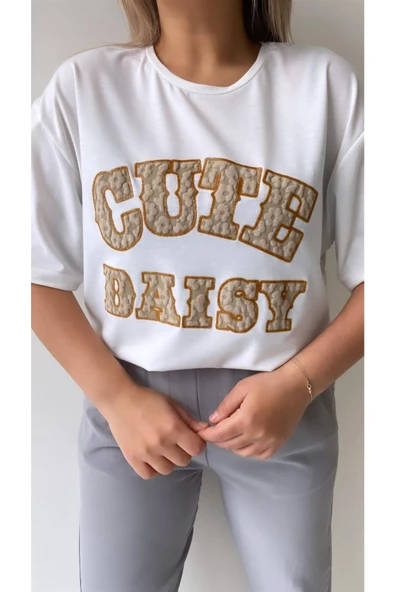 Kabartmalı Cute Daisy Tişört Ekru Kahverengi - 2