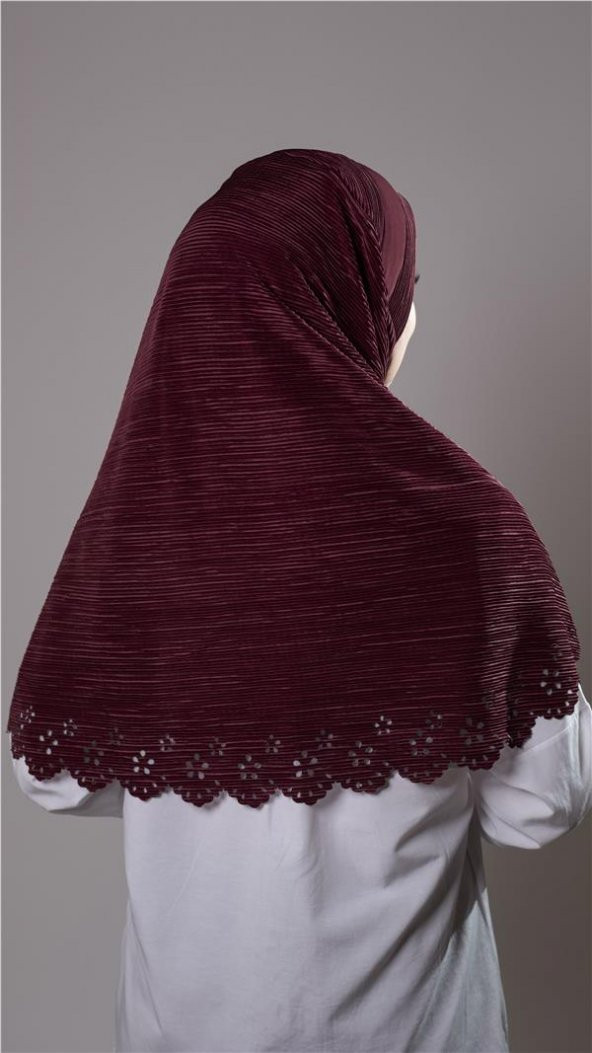 Bordo Pratik Hazır Geçmeli Tesettür Eşarp Fukuro Kumaş Piliseli Çiçek Desenli Lazer Kesim 1829_16 - 4