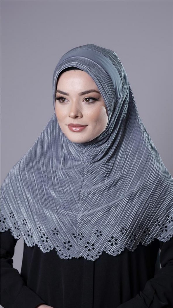 Gri Pratik Hazır Geçmeli Tesettür Eşarp Fukuro Kumaş Piliseli Çiçek Desenli Lazer Kesim 1829_15 - 2