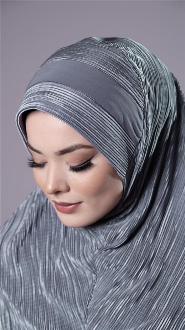 Gri Pratik Hazır Geçmeli Tesettür Eşarp Fukuro Kumaş Piliseli Çiçek Desenli Lazer Kesim 1829_15 - 3