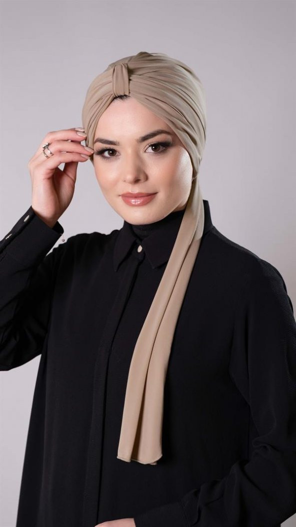 Bej Pratik Hazır Geçmeli Tesettür Bone Sandy Kumaş Atkılı  2204_12 - 2