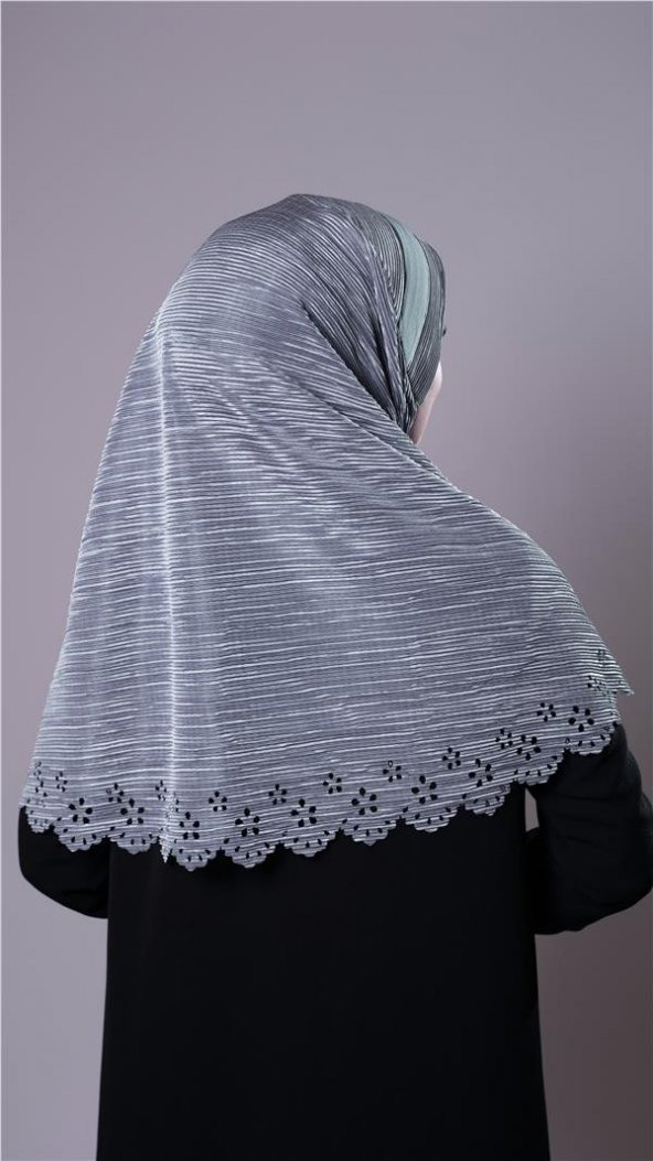 Gri Pratik Hazır Geçmeli Tesettür Eşarp Fukuro Kumaş Piliseli Çiçek Desenli Lazer Kesim 1829_15 - 4