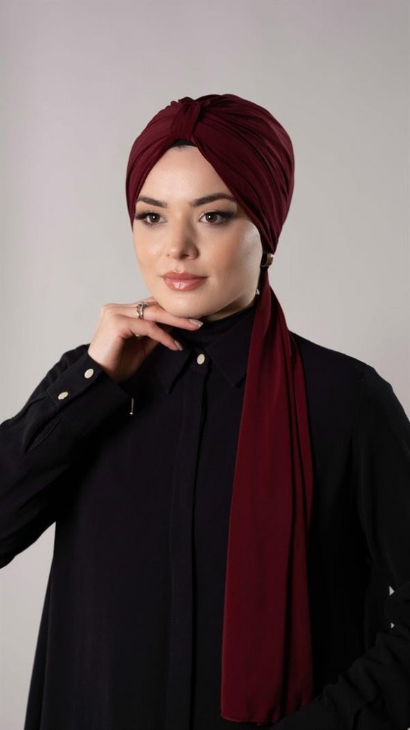 Bordo Pratik Hazır Geçmeli Tesettür Bone Sandy Kumaş Atkılı  2204_16 - 2