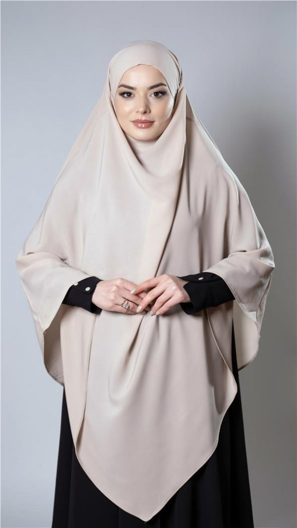 Bej Pratik Hazır Geçmeli Tesettür Eşarp Medine İpeği Bağcıklı Sufle Hijab 2301_12 - 2