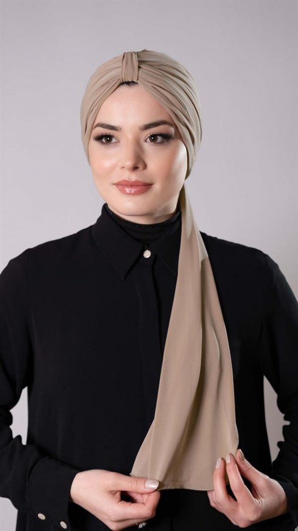 Bej Pratik Hazır Geçmeli Tesettür Bone Sandy Kumaş Atkılı  2204_12 - 3