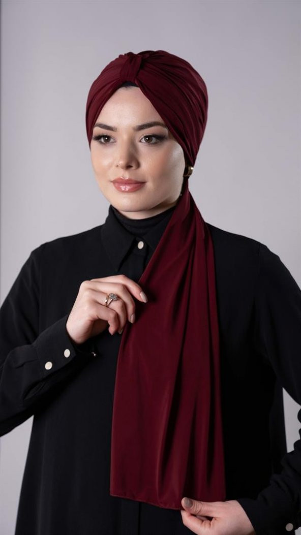 Bordo Pratik Hazır Geçmeli Tesettür Bone Sandy Kumaş Atkılı  2204_16 - 3