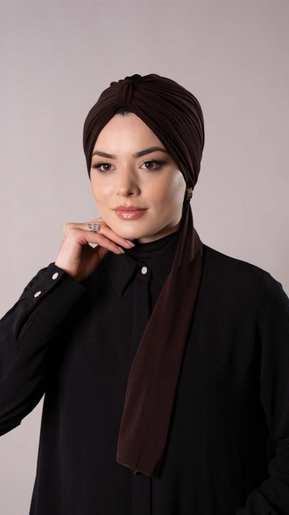 Kahverengi Pratik Hazır Geçmeli Tesettür Bone Sandy Kumaş Atkılı  2204_14 - 3