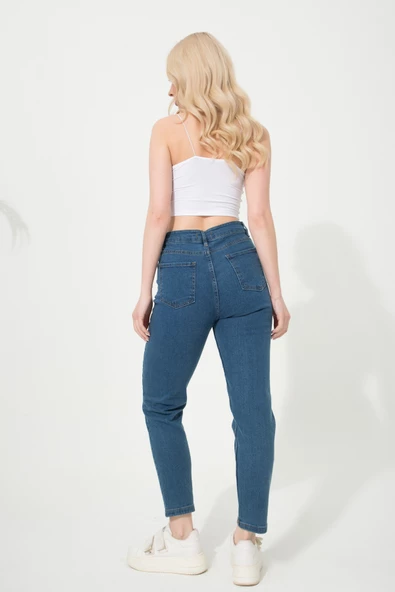 Kadın Mavi Süper Skinny Fit Esnek Likralı Yüksek Bel Denim  Boyfriend Jean Kot Pantolon - 7