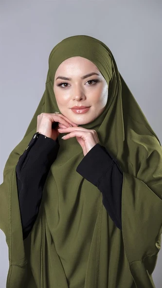 Haki Pratik Hazır Geçmeli Tesettür Eşarp Medine İpeği Bağcıklı Sufle Hijab 2301_09 - 2