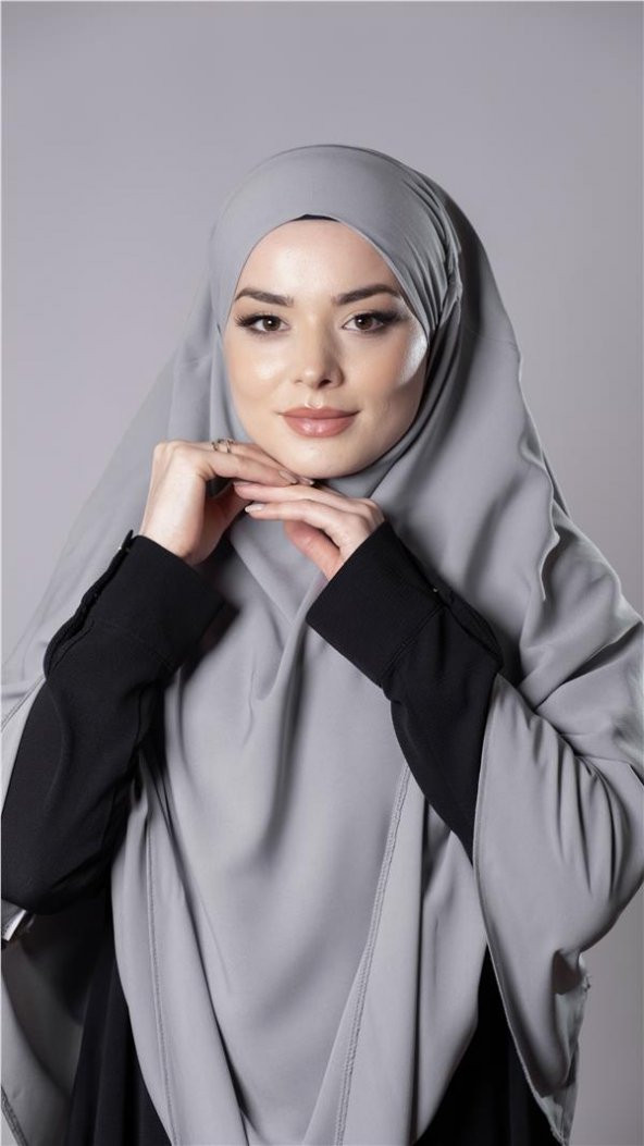 Gri Pratik Hazır Geçmeli Tesettür Eşarp Medine İpeği Bağcıklı Çift Katlı Sufle Hijab 2302_15 - 2